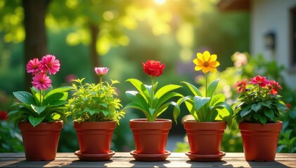 Vibrant potted plants thriving on a sunny patio , pots, vibrant