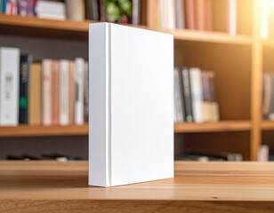 Blank White Hardcover Book On Wooden Table In Library