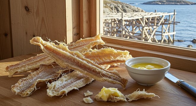 Traditional Norwegian Torrfisk dried fish snack with butter on a wooden board