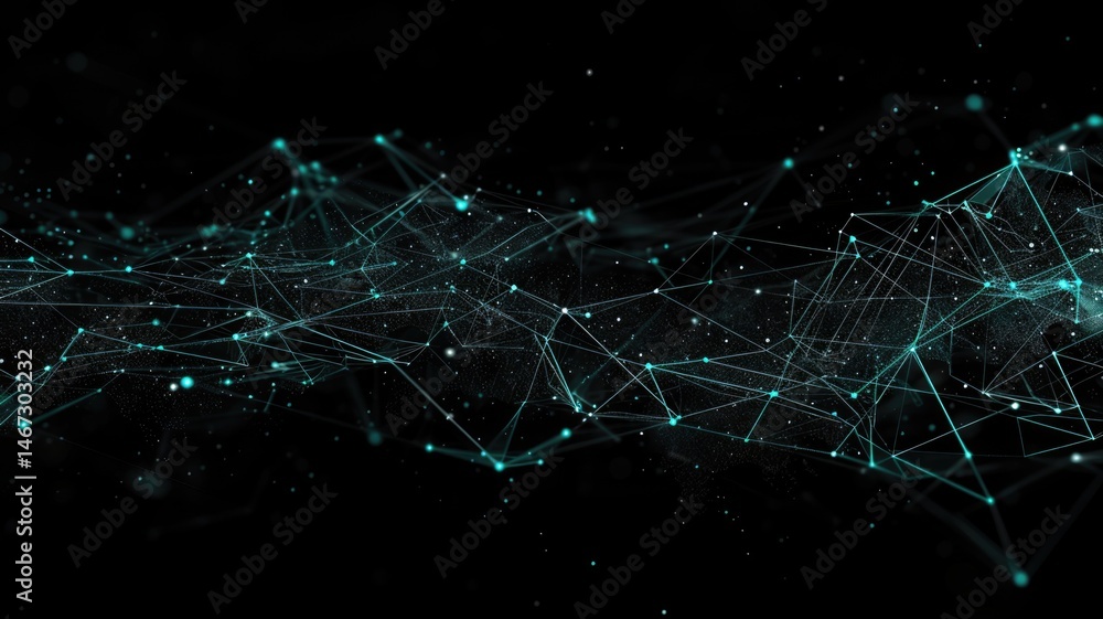 Poster abstract picture of turquoise particle with sparkle atom style design connect and flow show energy d