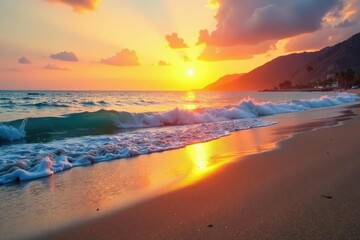 Tranquil sandy shore at sunset, gentle waves lapping Golden sand, calm ocean , coastline, shorebird, summer