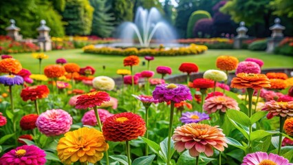 Obraz premium Colorful Zinnia flowers in a formal garden with neatly manicured lawns and fountains , formal gardening, flower arrangement