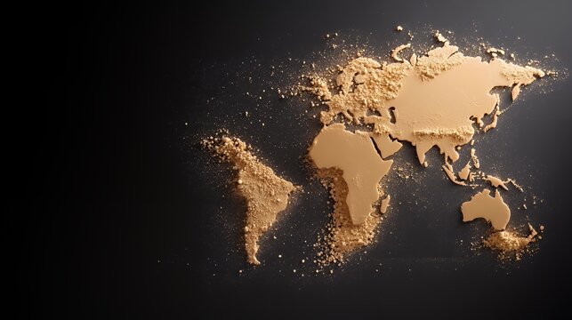 World Map Made of Sand Against Dark Backdrop Global Theme - Powered by Adobe