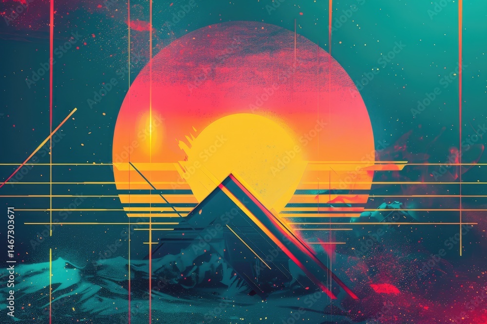 Poster abstract colorful geometric shapes effect on surface of digital cyber design express scene of cybers