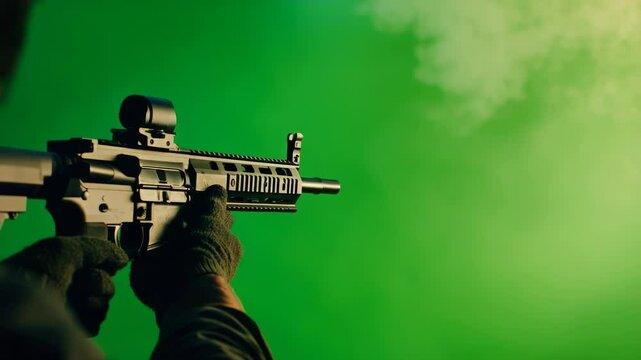 Gunfire simulation on chroma key, Weapon muzzle flash and smoke effect