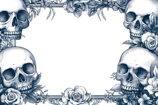 Decorative skull and rose frame illustration with detailed vintage hand drawn aesthetic