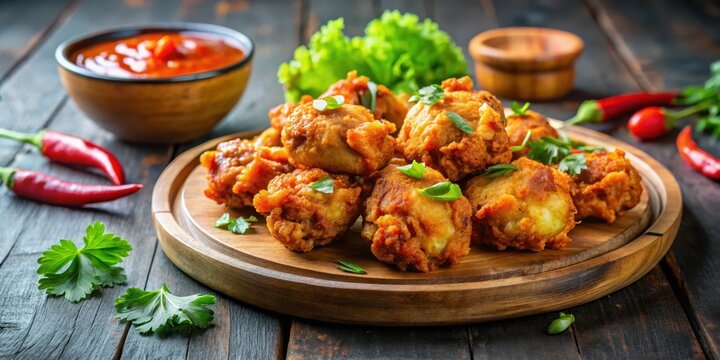 Crunchy fried chicken pakora on a wooden plate , Asian snacks