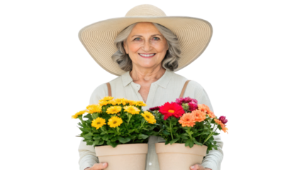 Smiling woman holding flower pots in a sunhat. transparent background.