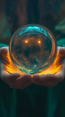 Hands Holding Crystal Ball with Glowing Orange Light and Blue Reflections Inside