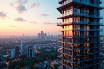 Obraz premium Modern condo building exterior, city skyline view , urban landscape, high-rise, luxury