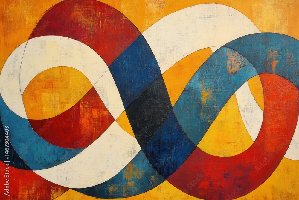 Poster an abstract painting features intersecting and overlapping lines in vibrant colors against a warm, t