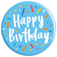 isolated transparent Background. Happy birthday badge pin with colorful confetti on blue background, festive and cheerful celebration accessory
