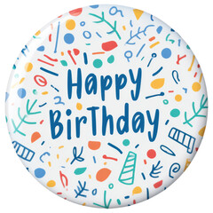 isolated transparent Background. Happy birthday badge pin with colorful confetti and festive design, perfect for celebration and party events
