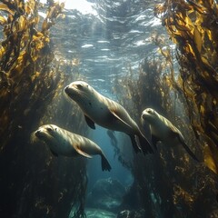 Sea Lions Swimming Through the Underwater Kelp Forest at Daylight