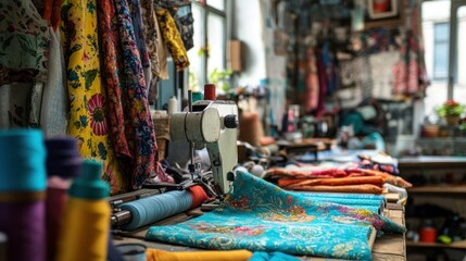 Colorful fabrics and sewing machine in a vibrant textile workshop.