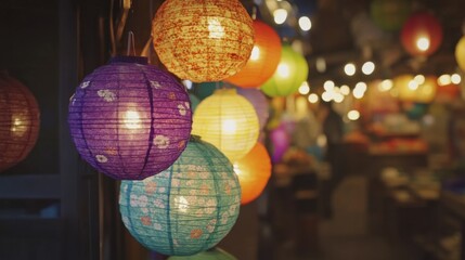 Fototapeta premium Japanese Street Market Glowing with Vibrant Paper Layers