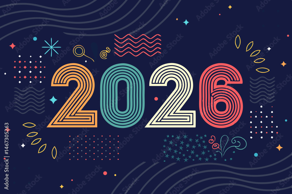 Poster generate an abstract image depicting the year 2026 formed from bold, intersecting lines and geometri