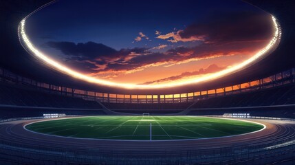 Empty stadium at sunset.  Grand arena with illuminated track and field