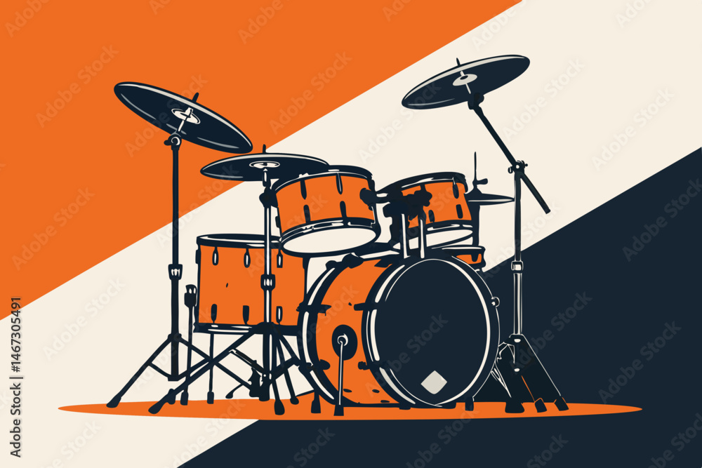 Poster create an abstract vector illustration featuring stylized drums and cymbals, emphasizing rhythm and 