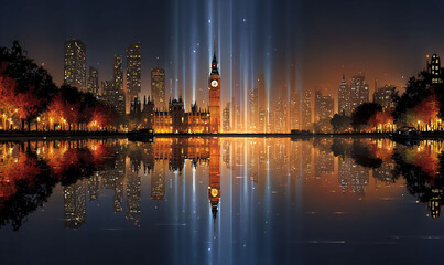 Naklejka premium Night view of iconic clock tower reflecting on calm water, cityscape with lights