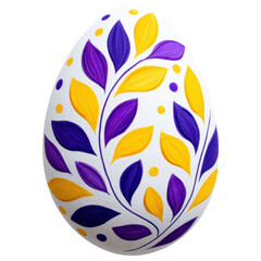 isolated transparent Background. Decorative egg with purple and yellow leaf patterns and dots on transparency background, showcasing vibrant folk art style