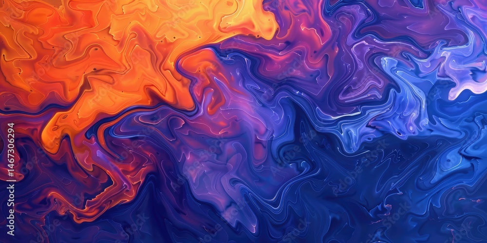 Poster the abstract picture of the blue and orange colour that is mixing with each other in the background,