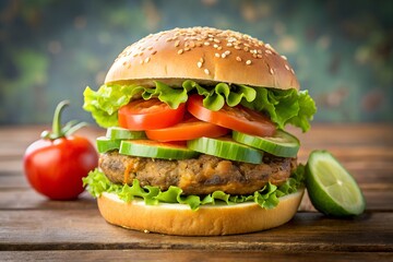 Testy burger on black background, burger