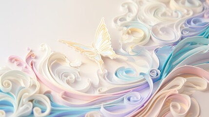 3D quilling paper art butterfly sculpture with intricate swirls, delicate pastel decor in soft pink and beige tones.