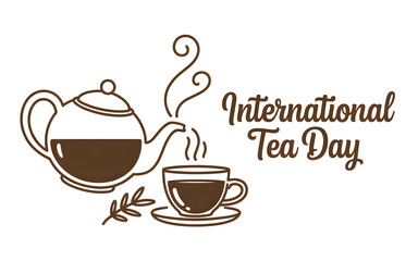 Elegant brown illustration celebrating international tea day featuring tea pot cup and delicate leafy sprig design