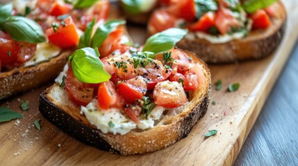 Close-up of four bruschetta topped with fresh tomatoes, basil, and creamy cheese on a wooden board.