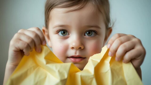 A young girl looks through a tear in yellow paper, revealing hands, nose, and mouth. The idea involves espionage, children's curiosity, peeping, and indifference to what they observe. Copy space.