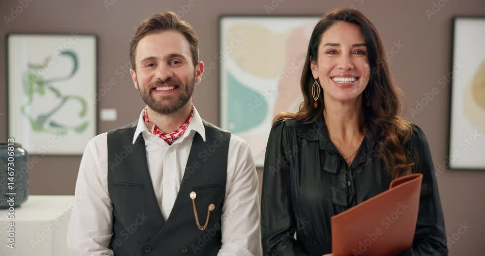 Poster face, collaboration and colleagues in office, smile and art director with file for project and curat
