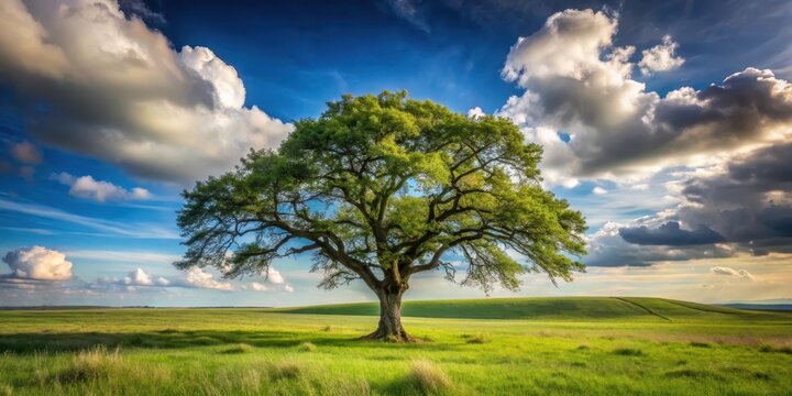 A lone tree towers above the green expanse of a lush meadow, its gnarled branches stretching towards the sky like nature's own work of art, countryside, untamed