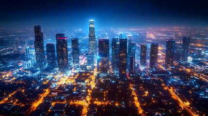 Obraz premium Spectacular Aerial View of Illuminated Metropolis at Night Under a Dim Sky