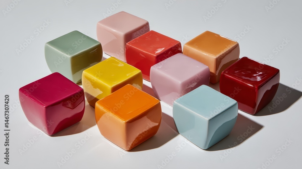 Poster Glossy cubes in various bright colors are arranged in a random formation on a clean white surface, with ample space available for additional text or graphics