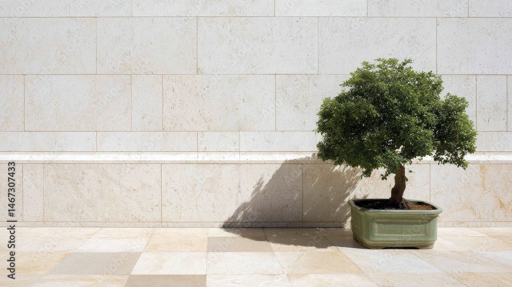 Poster a bonsai tree sits in a ceramic pot on polished marble, casting distinct shadows across a white wall