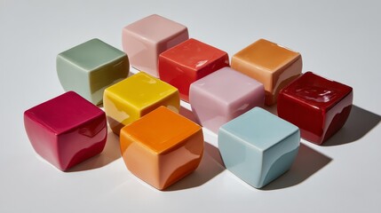 Glossy cubes in various bright colors are arranged in a random formation on a clean white surface, with ample space available for additional text or graphics
