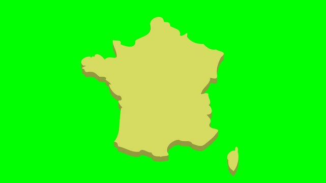 Animation of appearance and disappearance of the yellow map of France on a green background with alpha channel (flat design)