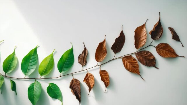 Close-up of foliage showcasing diverse colors. Series of colorful desiccated leaves symbolizing environmental shifts. Flat lay top view, background banner on changing ecosystems.