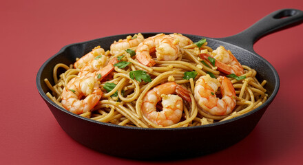 Close-up of Shrimp Pasta Dish in Black Cast Iron Pan on Red Background Studio Shot