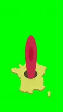 Appearance of the yellow map of France with a red map pin coming out of a hole to bounce, then disappear with the map on a green screen with alpha channel