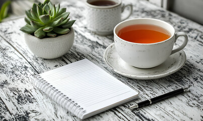Tea Cup Notebook and Succulent on Rustic Wooden Table