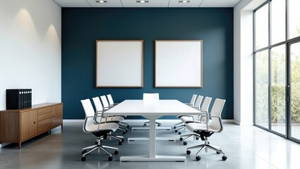 Modern Boardroom Interior with White Conference Table and Minimalist Design