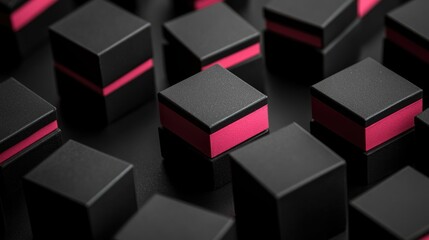 Abstract design of many black cubes with vibrant pink stripes.