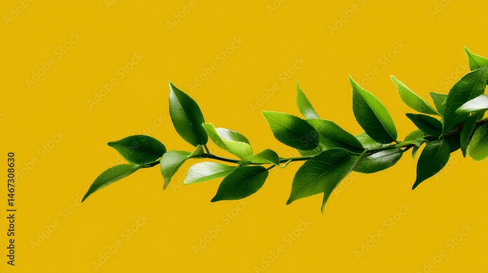 Fototapete A single green branch extends diagonally across a bright yellow background, creating a striking visual with plenty of open space for text placement