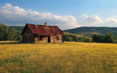 Obraz premium Abandoned rustic wooden house in a golden field under a partly cloudy sky, overlooking rolling hills.