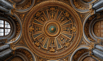 Fototapeta premium Ornate ceiling with intricate gold details, showcasing artistry and architectural design