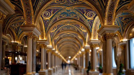 Fototapeta premium Ornate gold and blue arched ceiling hallway with columns, people walking