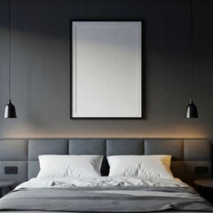 Minimalist modern bedroom with gray upholstered bed and pendant lights
