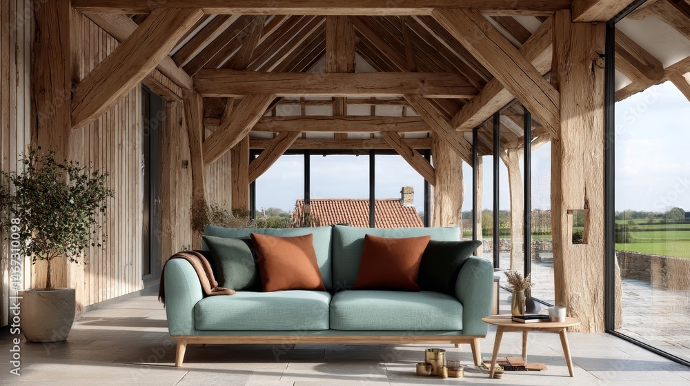 Poster a stylish farmhouse space features a soft blue sofa with earth-toned cushions. large windows invite 